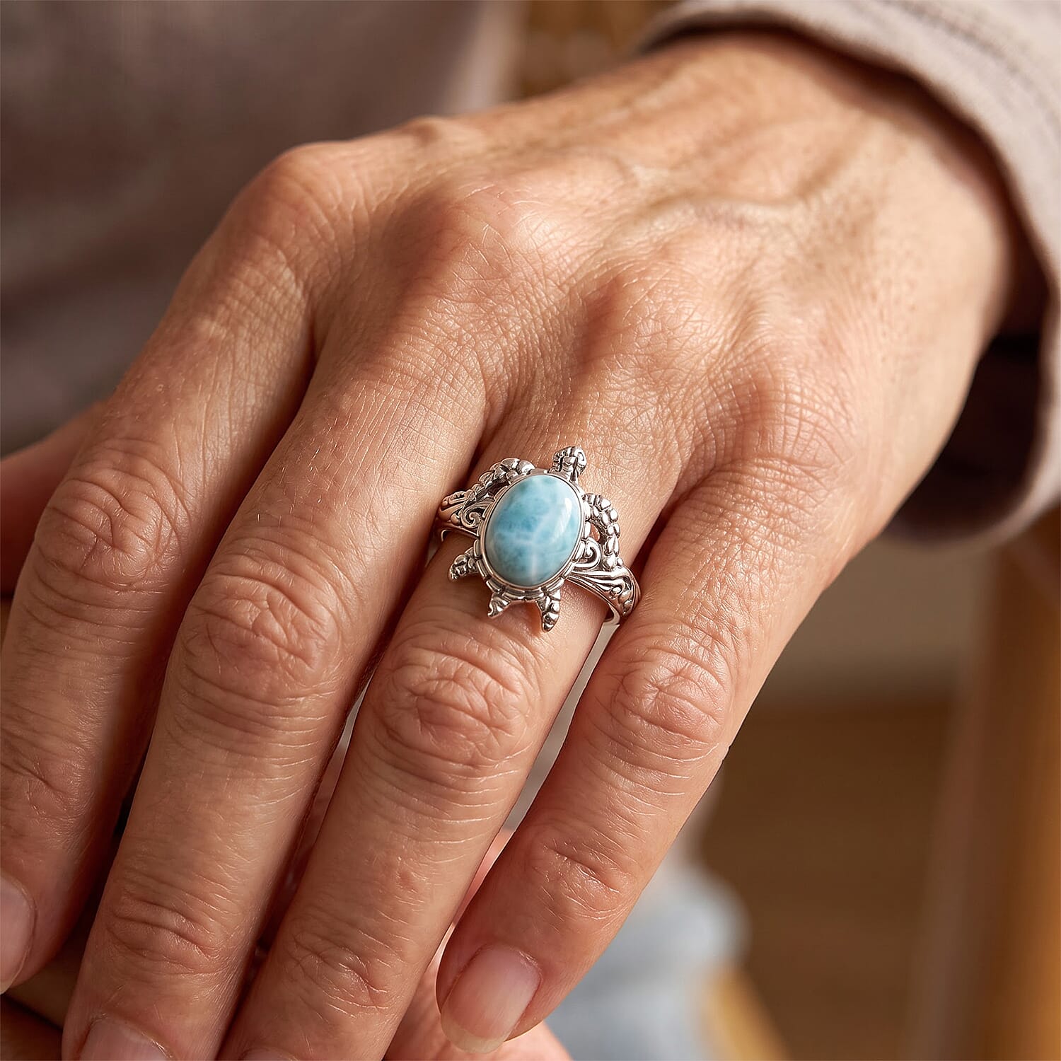 D'Joy Bali Legacy AAA Larimar 3.50 ctw Turtle Ring in Sterling Silver (Size 5.0)