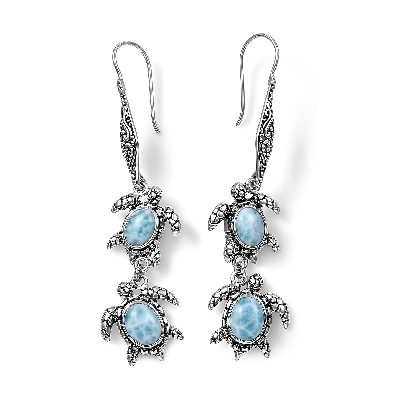D'Joy Bali Legacy Larimar 8.20 ctw Turtle Earrings in Sterling Silver