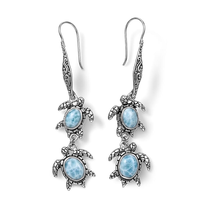 D'Joy Bali Legacy Larimar 8.20 ctw Turtle Earrings in Sterling Silver