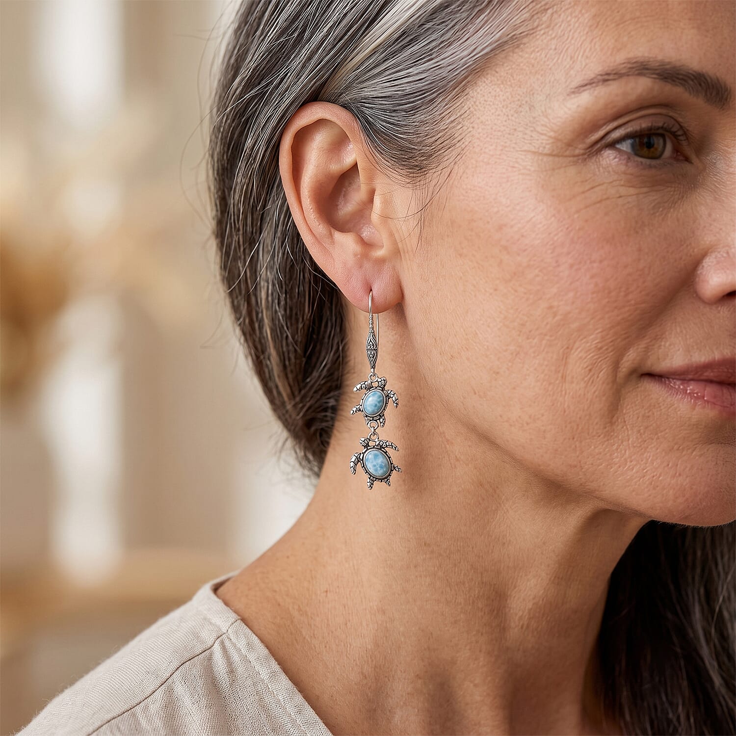 D'Joy Bali Legacy Larimar 8.20 ctw Turtle Earrings in Sterling Silver
