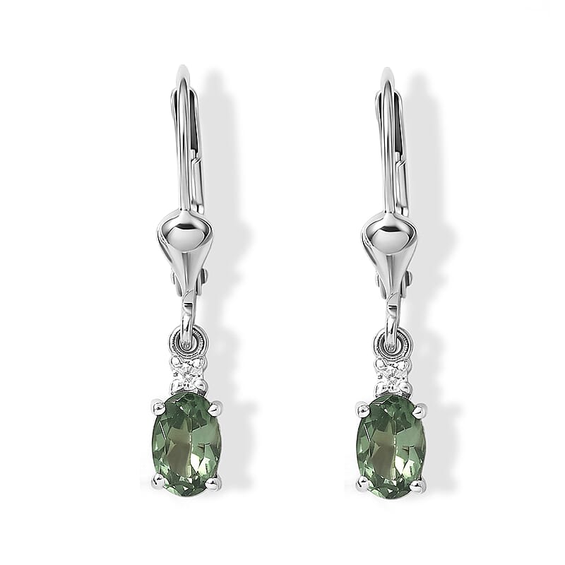 D'Joy Premium Tanzanian Natural Green Apatite and Moissanite 1.00 ctw Lever Back Earrings in Rhodium Over Sterling Silver