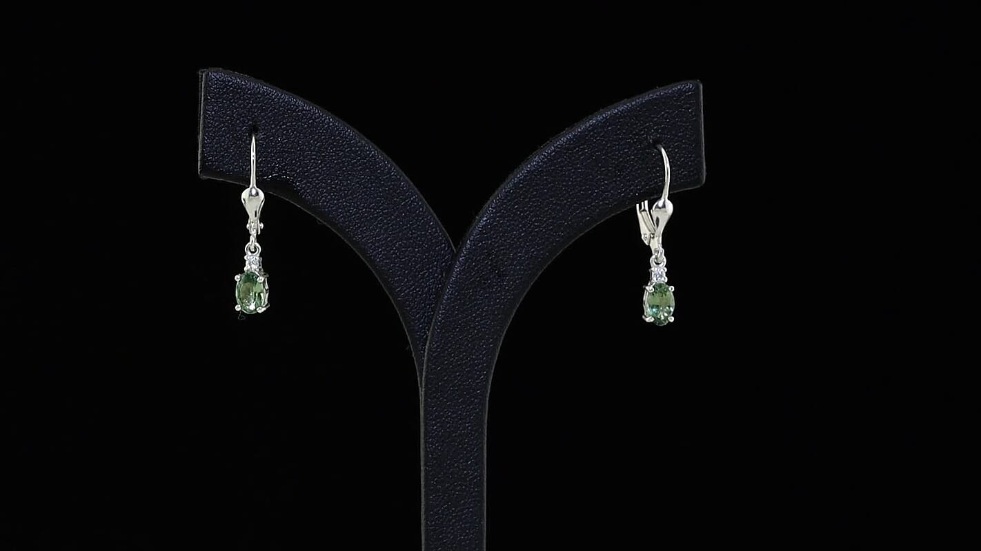 D''Joy Premium Tanzanian Natural Green Apatite, Moissanite Lever Back Earrings in Rhodium Over Sterling Silver 1.00 ctw
