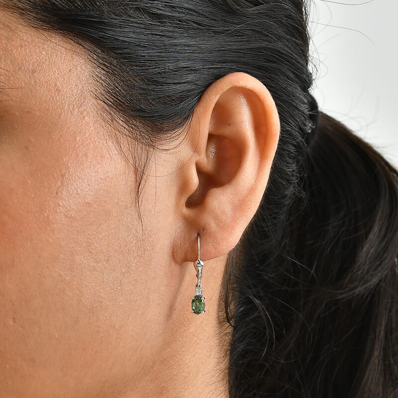 D'Joy Premium Tanzanian Natural Green Apatite and Moissanite 1.00 ctw Lever Back Earrings in Rhodium Over Sterling Silver