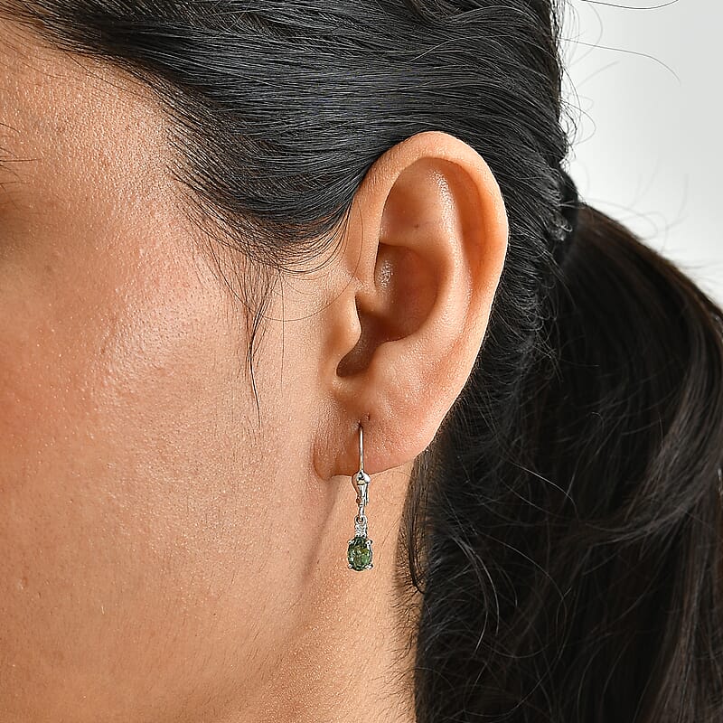 D'Joy Premium Tanzanian Natural Green Apatite and Moissanite 1.00 ctw Lever Back Earrings in Rhodium Over Sterling Silver