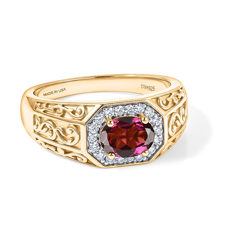 D'Joy Premium Orissa Rhodolite Garnet and Moissanite 1.75 ctw Men's Ring in 18K Vermeil Yellow Gold Over Sterling Silver (Size 9.0)