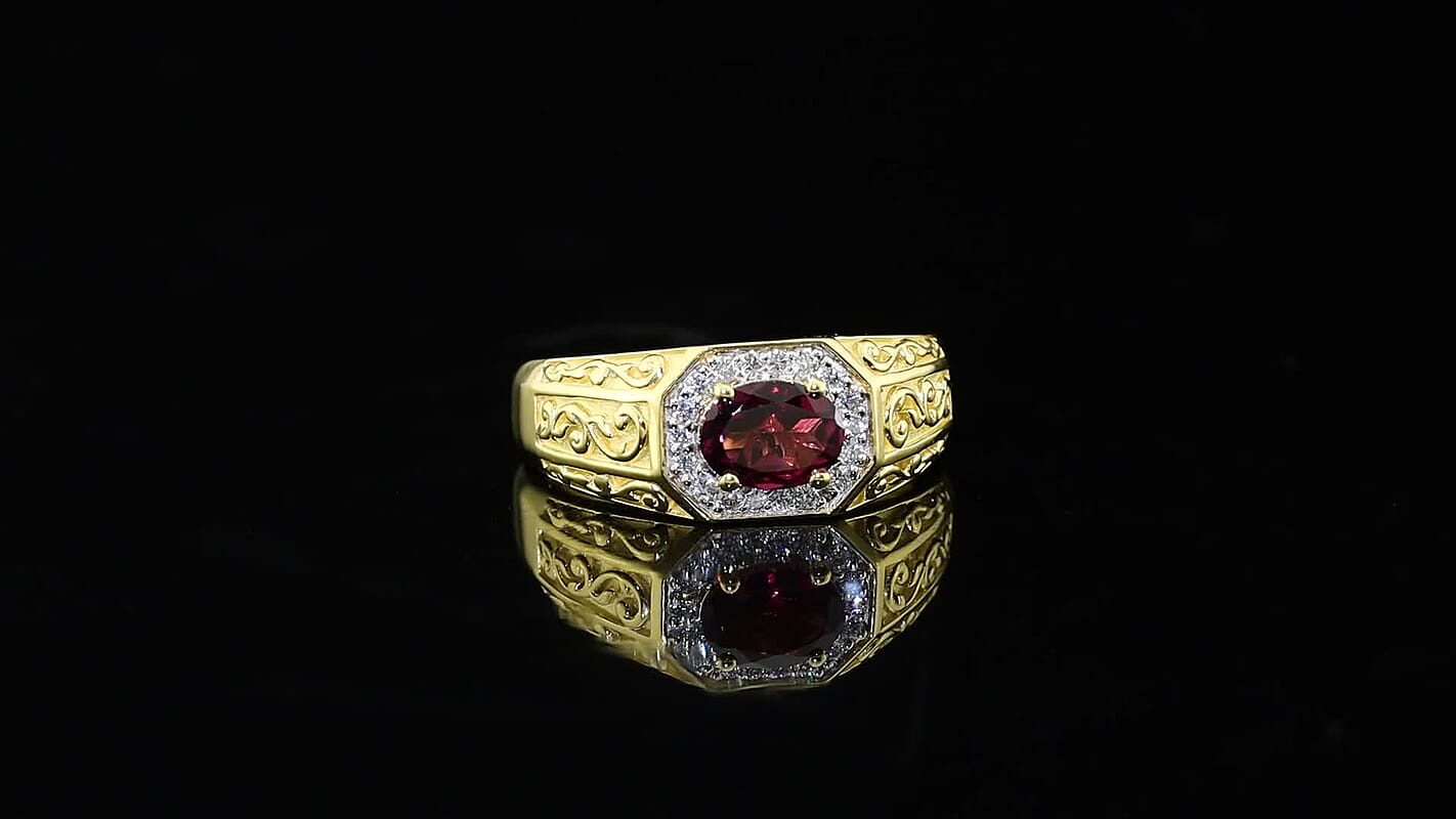 D'Joy Premium Orissa Rhodolite Garnet, Moissanite Men's Ring in 18K Vermeil YG Over Sterling Silver (Size 10.0) 1.75 ctw