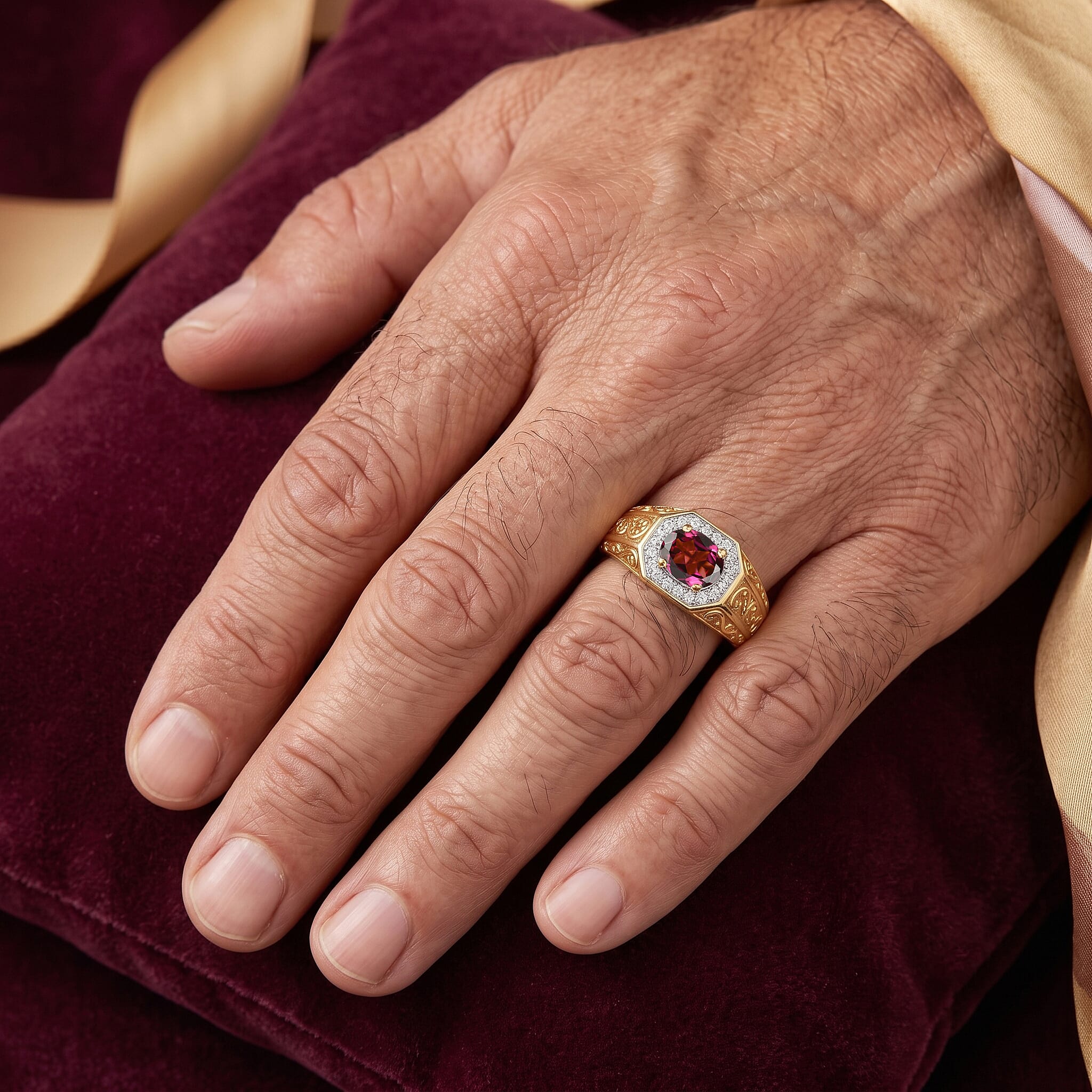 D'Joy Premium Orissa Rhodolite Garnet and Moissanite 1.75 ctw Men's Ring in 18K Vermeil Yellow Gold Over Sterling Silver (Size 9.0)