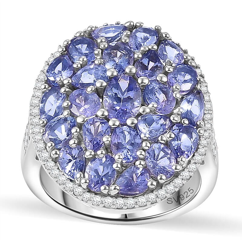 Tanzanite and White Zircon 4.60 ctw Ring in Rhodium Over Sterling Silver (Size 6.5)