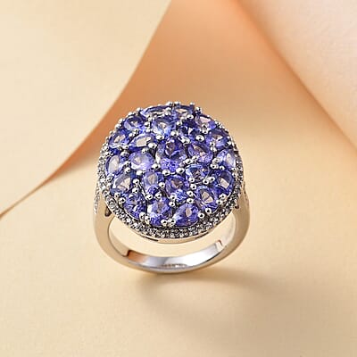 Tanzanite and White Zircon 4.60 ctw Ring in Rhodium Over Sterling Silver (Size 6.5)