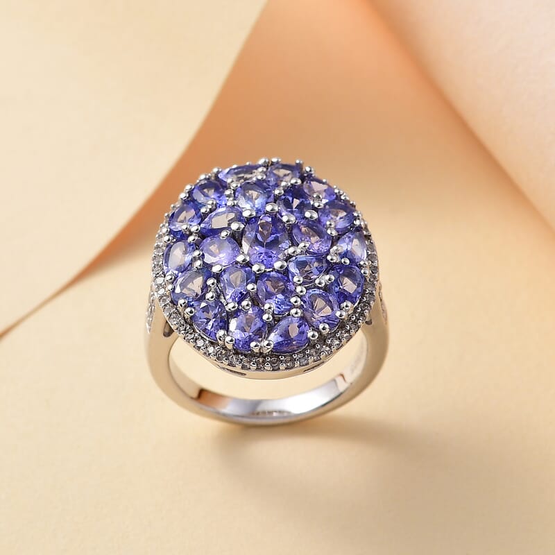 Tanzanite and White Zircon 4.60 ctw Ring in Rhodium Over Sterling Silver (Size 6.5)