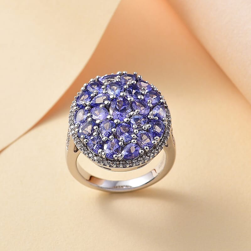 Tanzanite and White Zircon 4.60 ctw Ring in Rhodium Over Sterling Silver (Size 6.5)