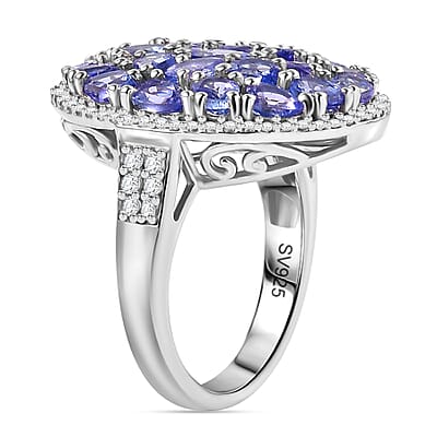 Tanzanite and White Zircon 4.60 ctw Ring in Rhodium Over Sterling Silver (Size 6.5)