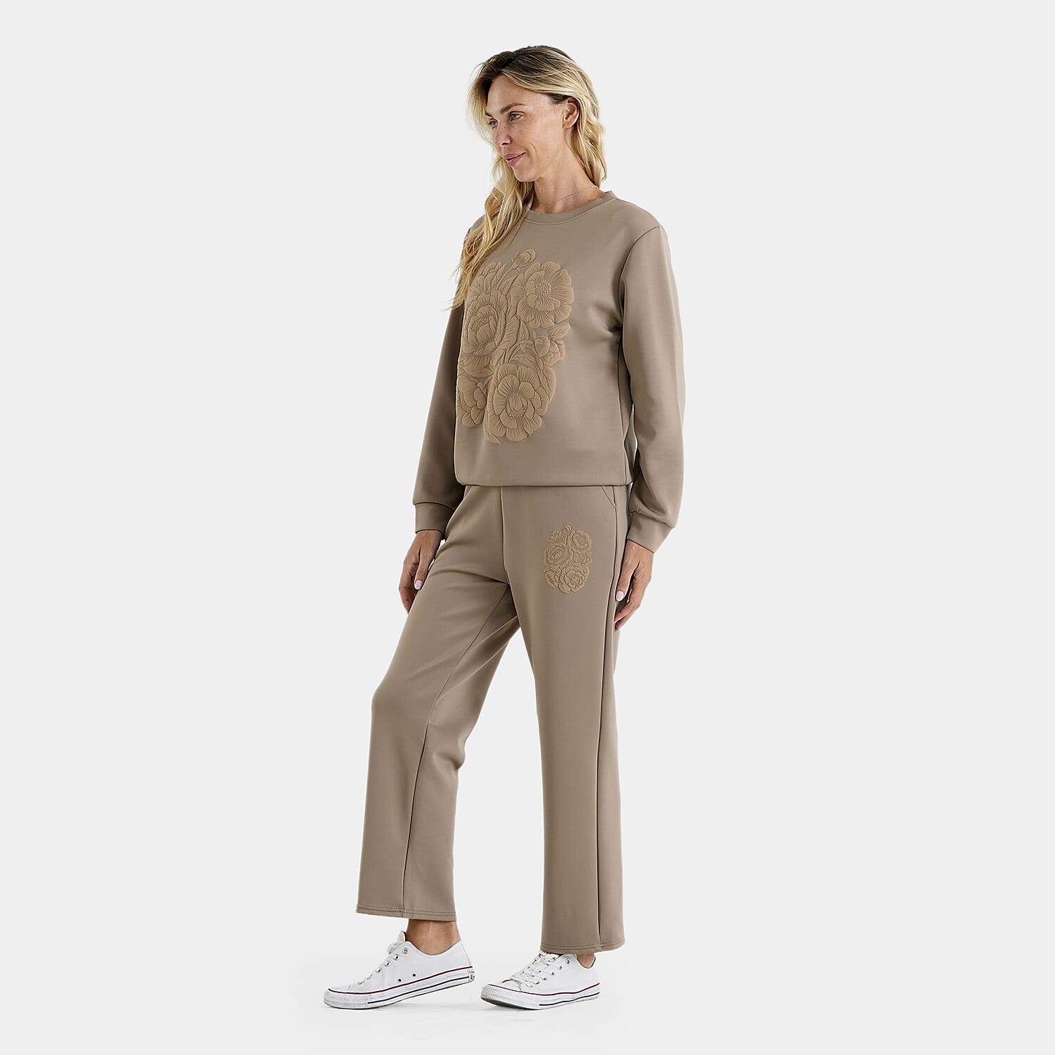 La Marey Khaki 2 Piece Sweatshirt and Pant Set with Embossed Front Print - S/M