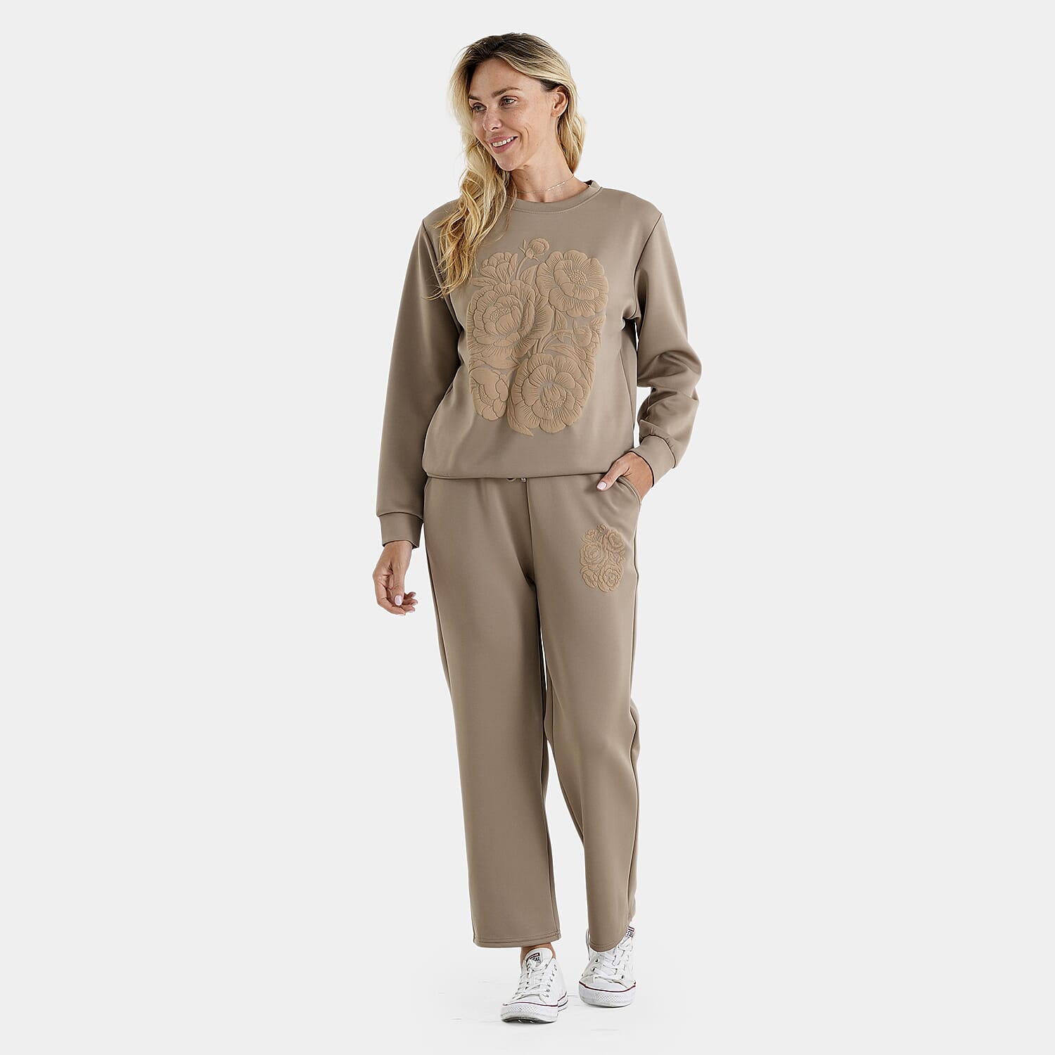 La Marey Khaki 2 Piece Sweatshirt and Pant Set with Embossed Front Print - S/M