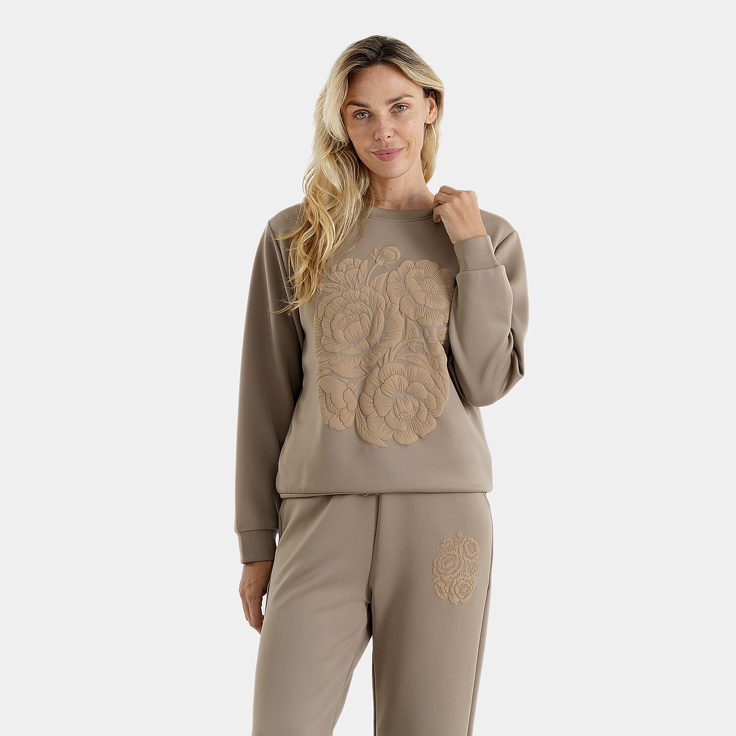 La Marey Khaki 2 Piece Sweatshirt and Pant Set with Embossed Front Print - S/M