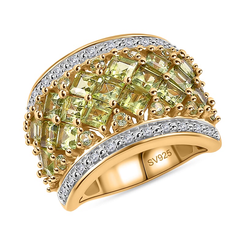 Hebei Peridot and White Zircon 3.90 ctw Ring in 18K Vermeil Yellow Gold Over Sterling Silver (Size 7.5)
