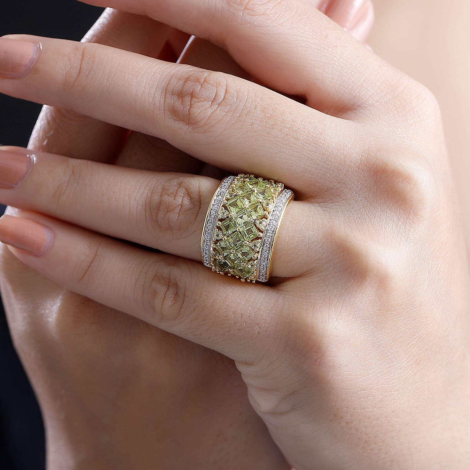 Hebei Peridot and White Zircon 3.90 ctw Ring in 18K Vermeil Yellow Gold Over Sterling Silver (Size 7.5)