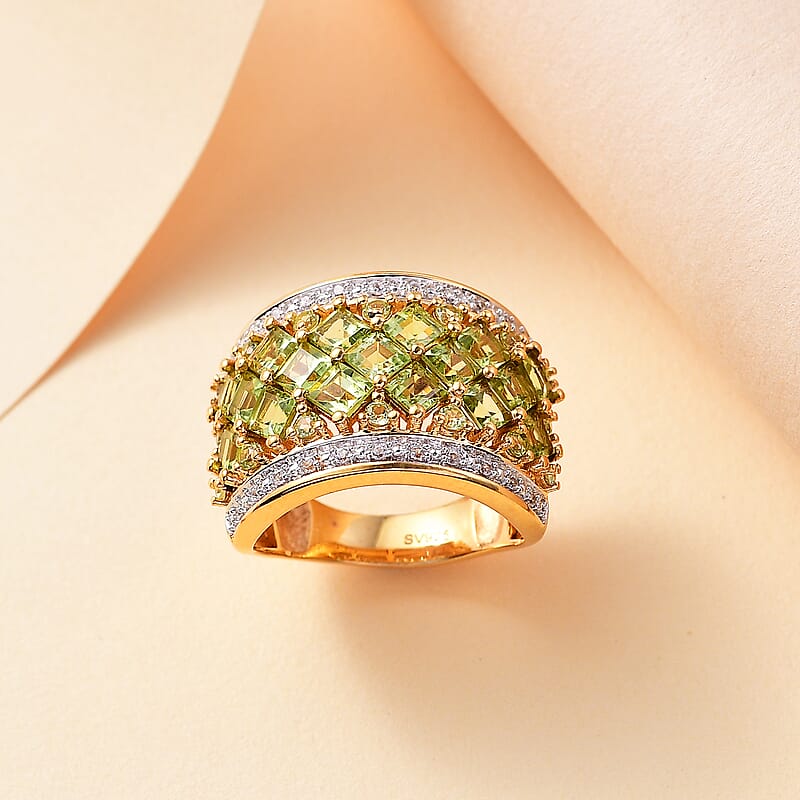 Hebei Peridot and White Zircon 3.90 ctw Ring in 18K Vermeil Yellow Gold Over Sterling Silver (Size 8.5)