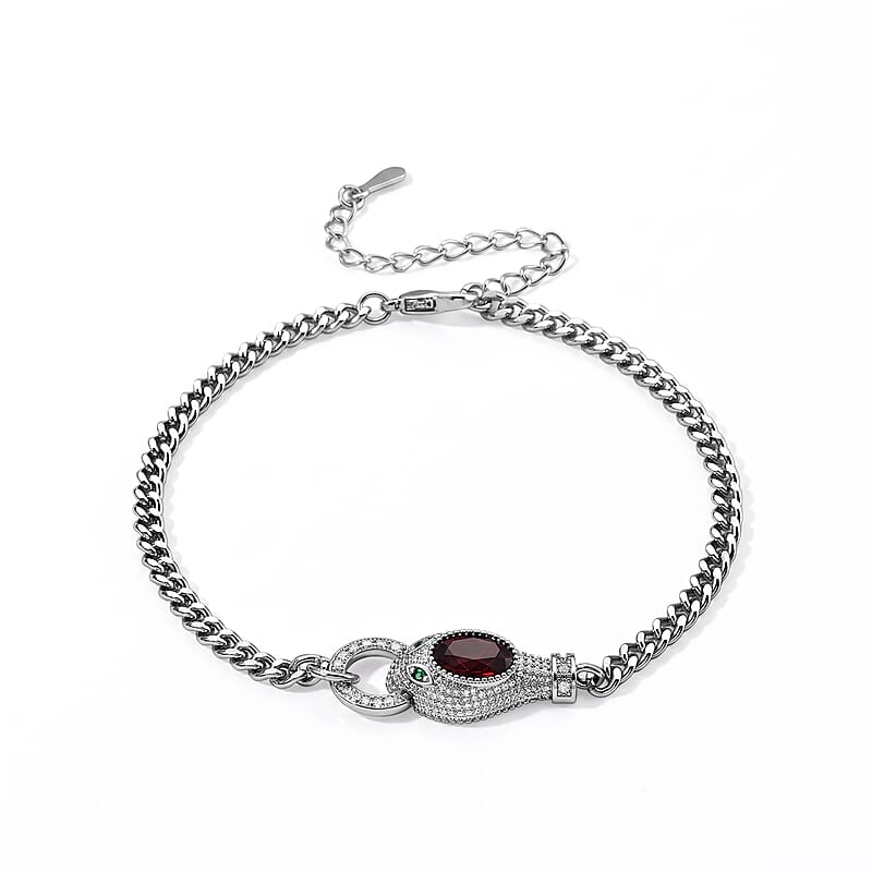 Mozambique Garnet and Simulated Diamond 5.50 ctw Beaded Bracelet in Silvertone (Adjustable)