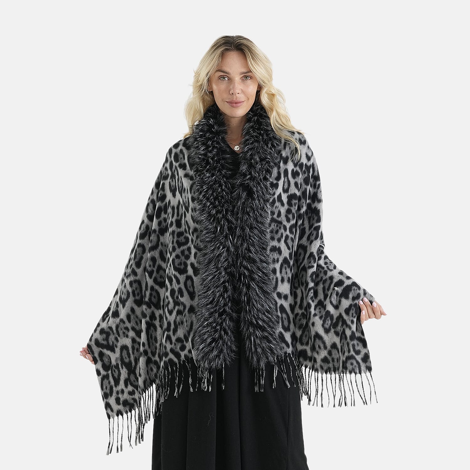 La Marey Black Leopard Knit Tassel Shawl - One Size Fits Most