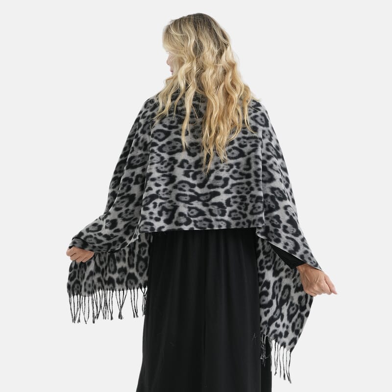 La Marey Black Leopard Knit Tassel Shawl - One Size Fits Most