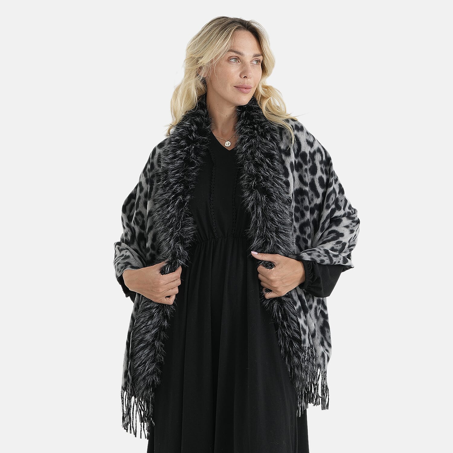 La Marey Black Leopard Knit Tassel Shawl - One Size Fits Most