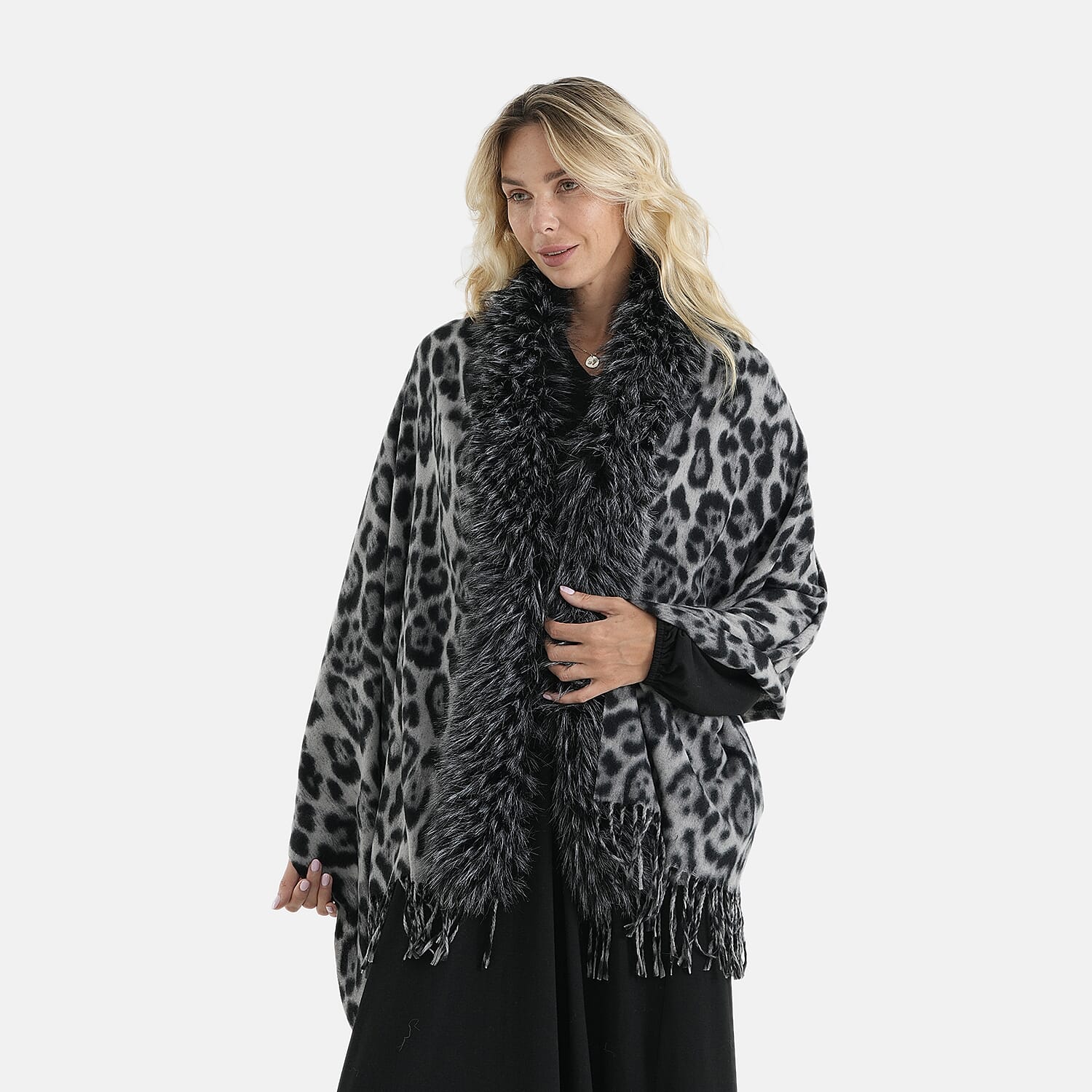 La Marey Black Leopard Knit Tassel Shawl - One Size Fits Most