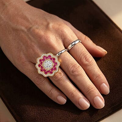 D'Joy Moissanite 2.30 ctw Enameled Lotus Flower Ring in 18K Vermeil Yellow Gold Over Sterling Silver (Size 6.0)