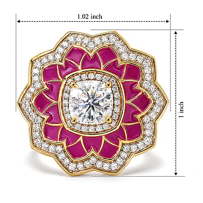 D'Joy Moissanite 2.30 ctw Enameled Lotus Flower Ring in 18K Vermeil Yellow Gold Over Sterling Silver (Size 6.0)