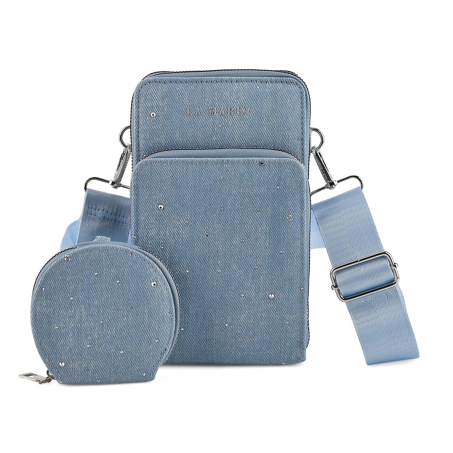 La Marey Light Blue Triple Zipper Denim Small Crossbody Bag with RFID Card Bag