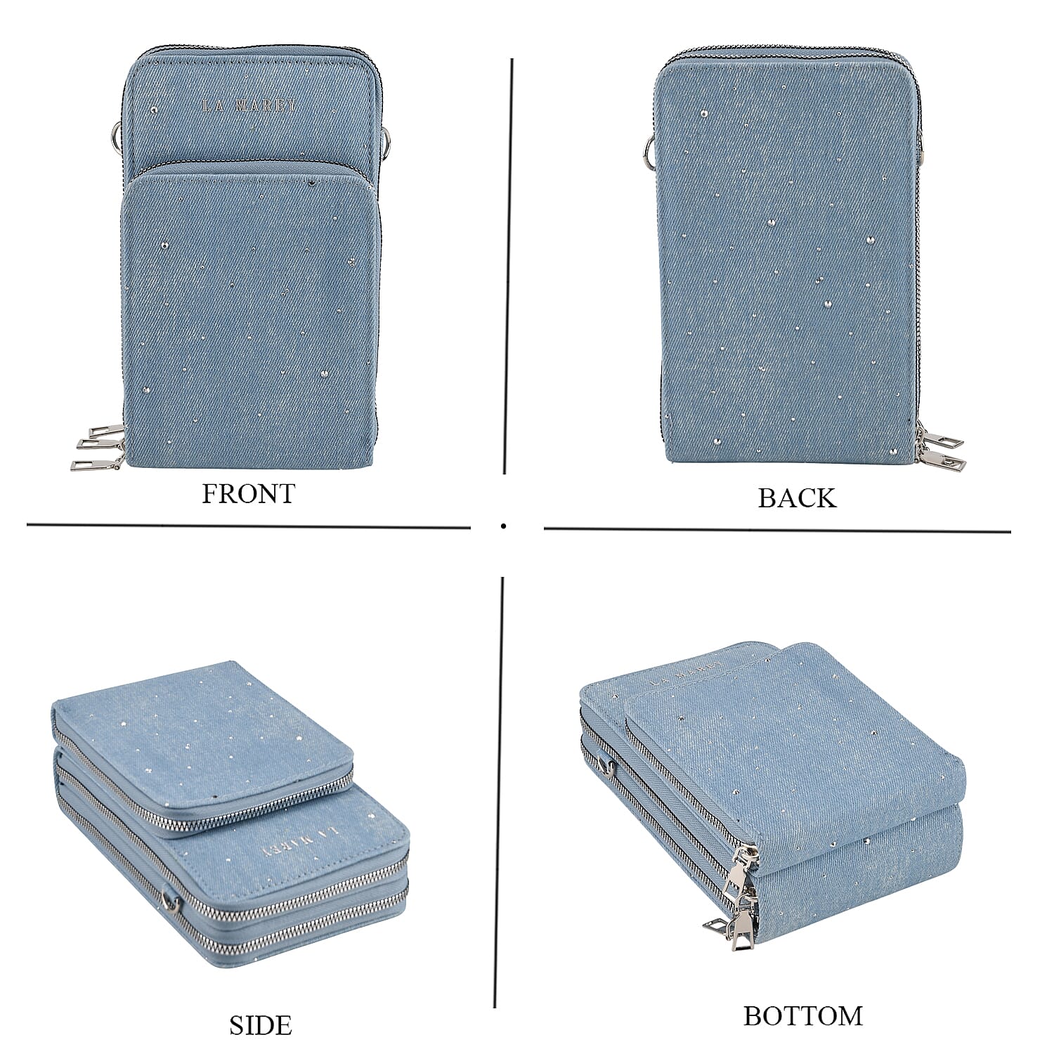 La Marey Light Blue Triple Zipper Denim Small Crossbody Bag with RFID Card Bag
