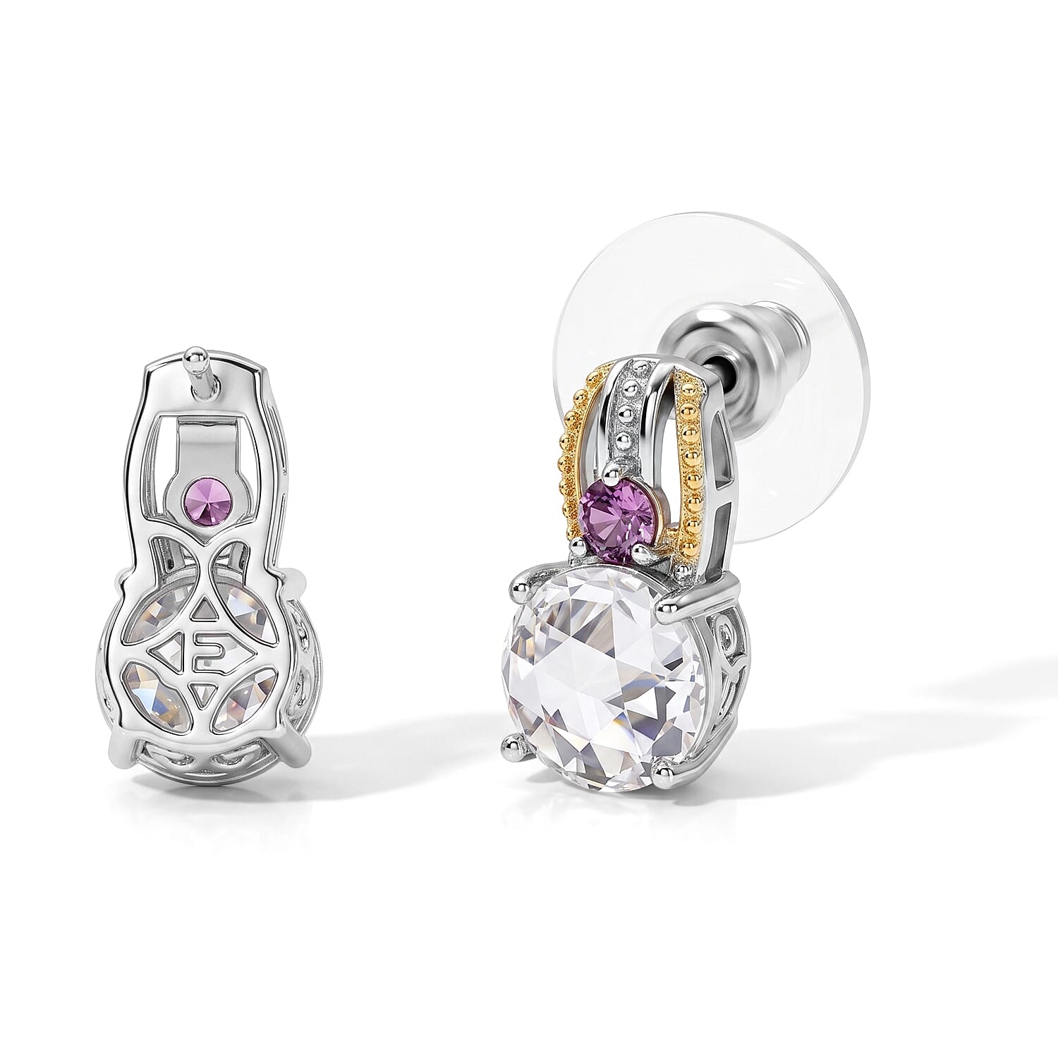 EverTrue Simulated White and Orchid Diamond Earrings in 18K YG Plated and Platinum Bond