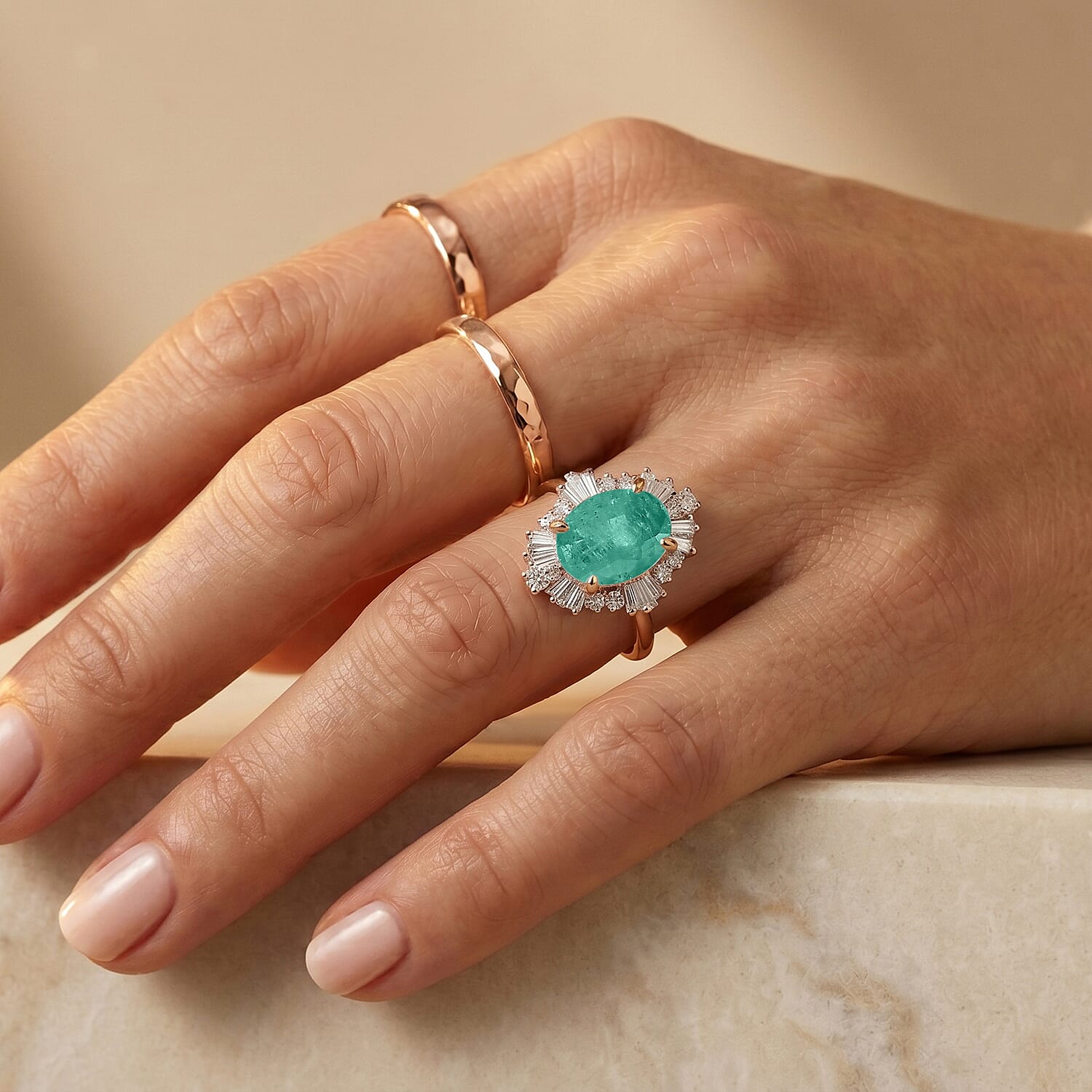 Premium Kagem Zambian Emerald and Luxuriant Lab Grown Diamond G-H SI 1.55 ctw Ring in 18K Vermeil Rose Gold Over Sterling Silver (Size 4.0)