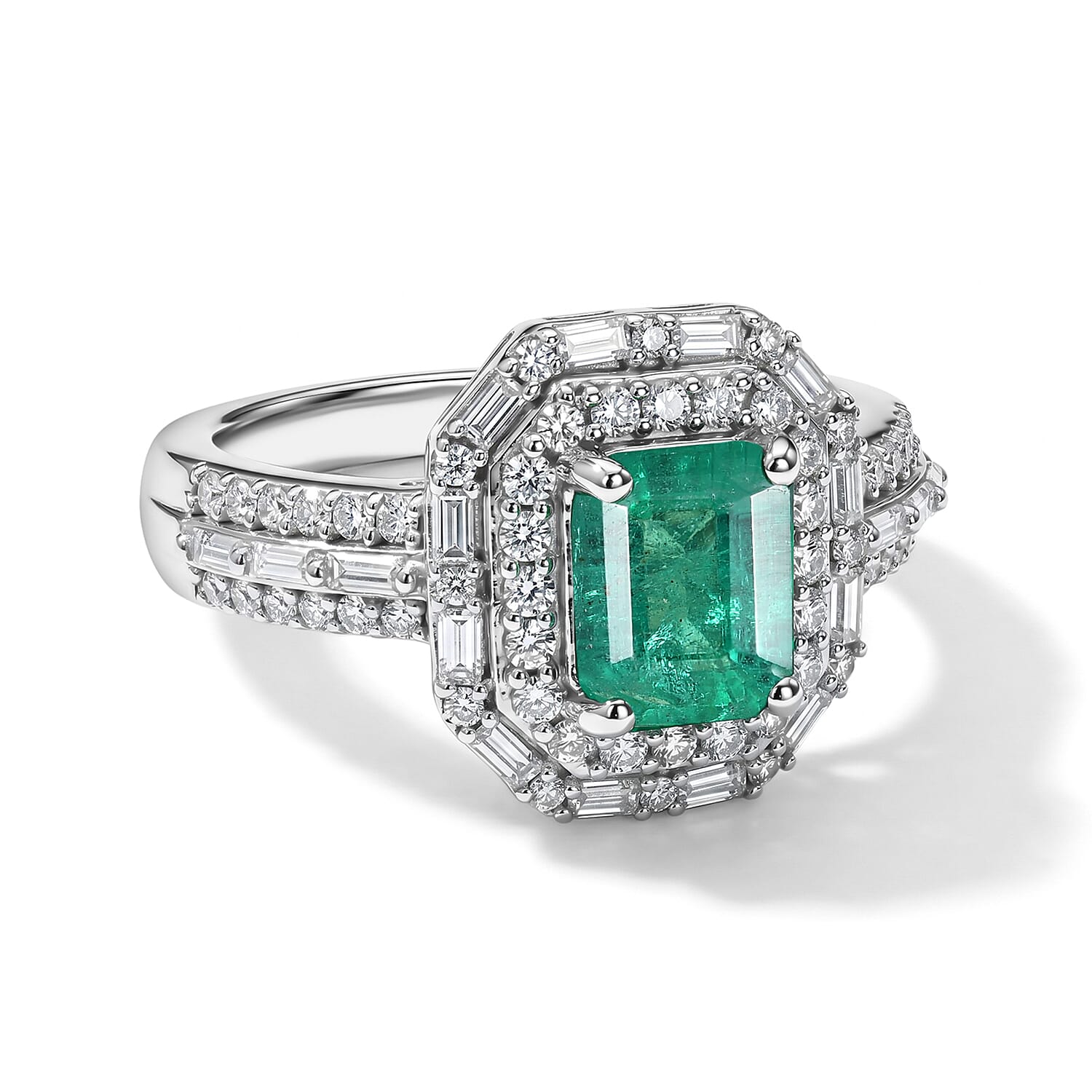 D'Joy Premium Kagem Zambian Emerald, Moissanite Ring in Rhodium Over Sterling Silver (Size 10.0) 2.25 ctw