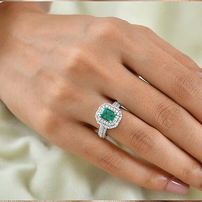 D'Joy Premium Kagem Zambian Emerald and Moissanite 2.25 ctw Architectural Ring in Rhodium Over Sterling Silver (Size 5.0)