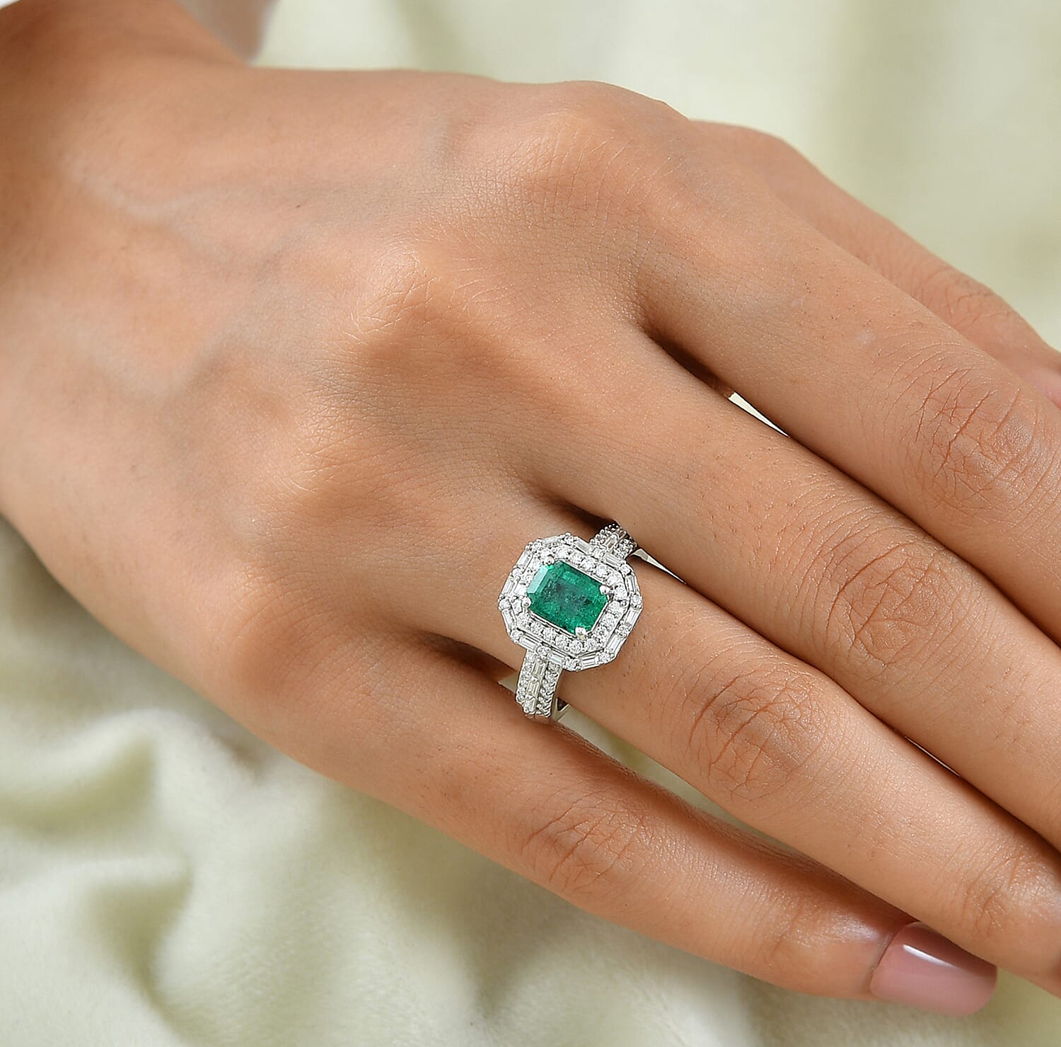 D'Joy Premium Kagem Zambian Emerald and Moissanite 2.25 ctw Architectural Ring in Rhodium Over Sterling Silver (Size 5.0)