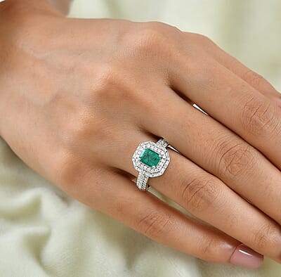 D'Joy Premium Kagem Zambian Emerald and Moissanite 2.25 ctw Architectural Ring in Rhodium Over Sterling Silver (Size 5.0)