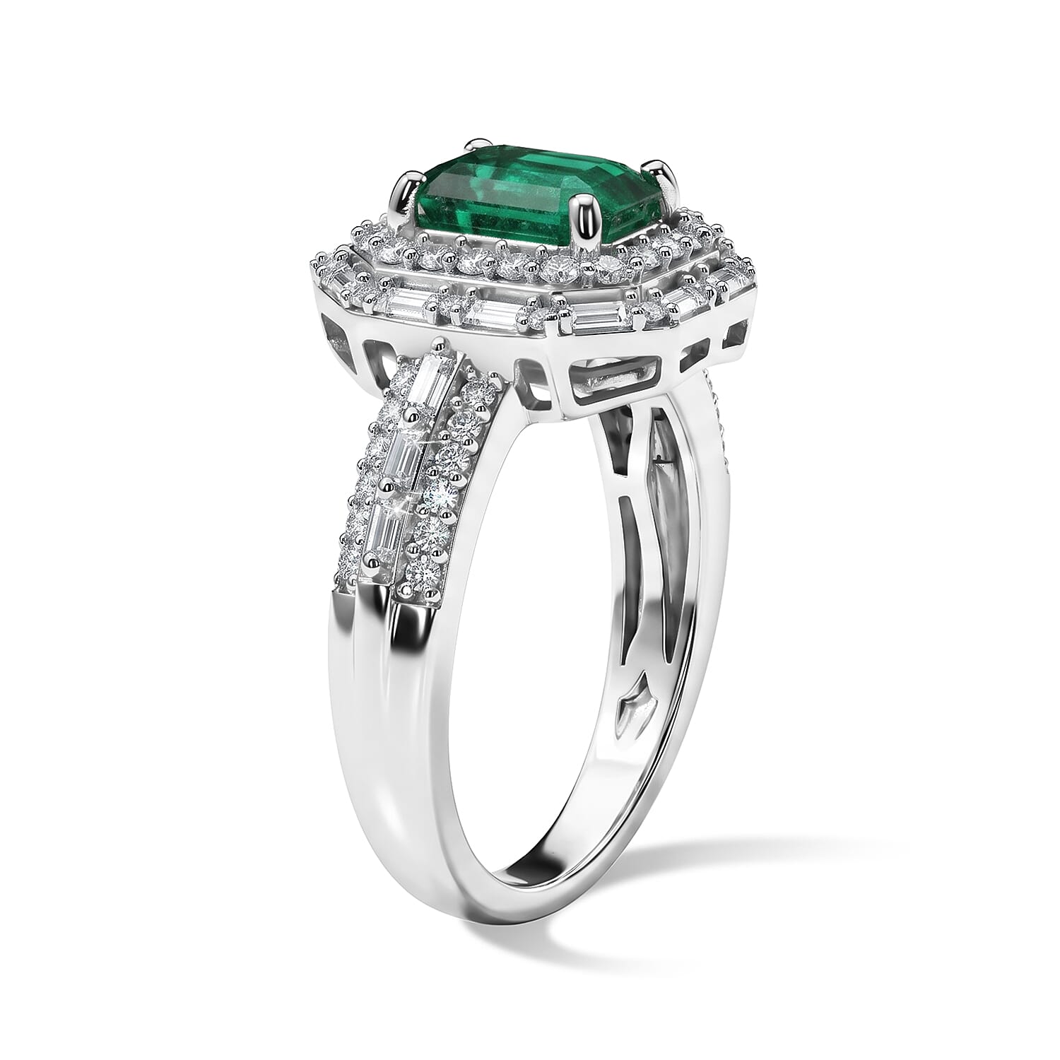 D'Joy Premium Kagem Zambian Emerald and Moissanite 2.25 ctw Architectural Ring in Rhodium Over Sterling Silver (Size 5.0)