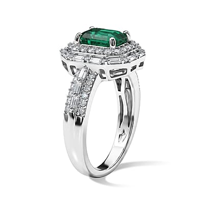 D'Joy Premium Kagem Zambian Emerald and Moissanite 2.25 ctw Architectural Ring in Rhodium Over Sterling Silver (Size 5.0)