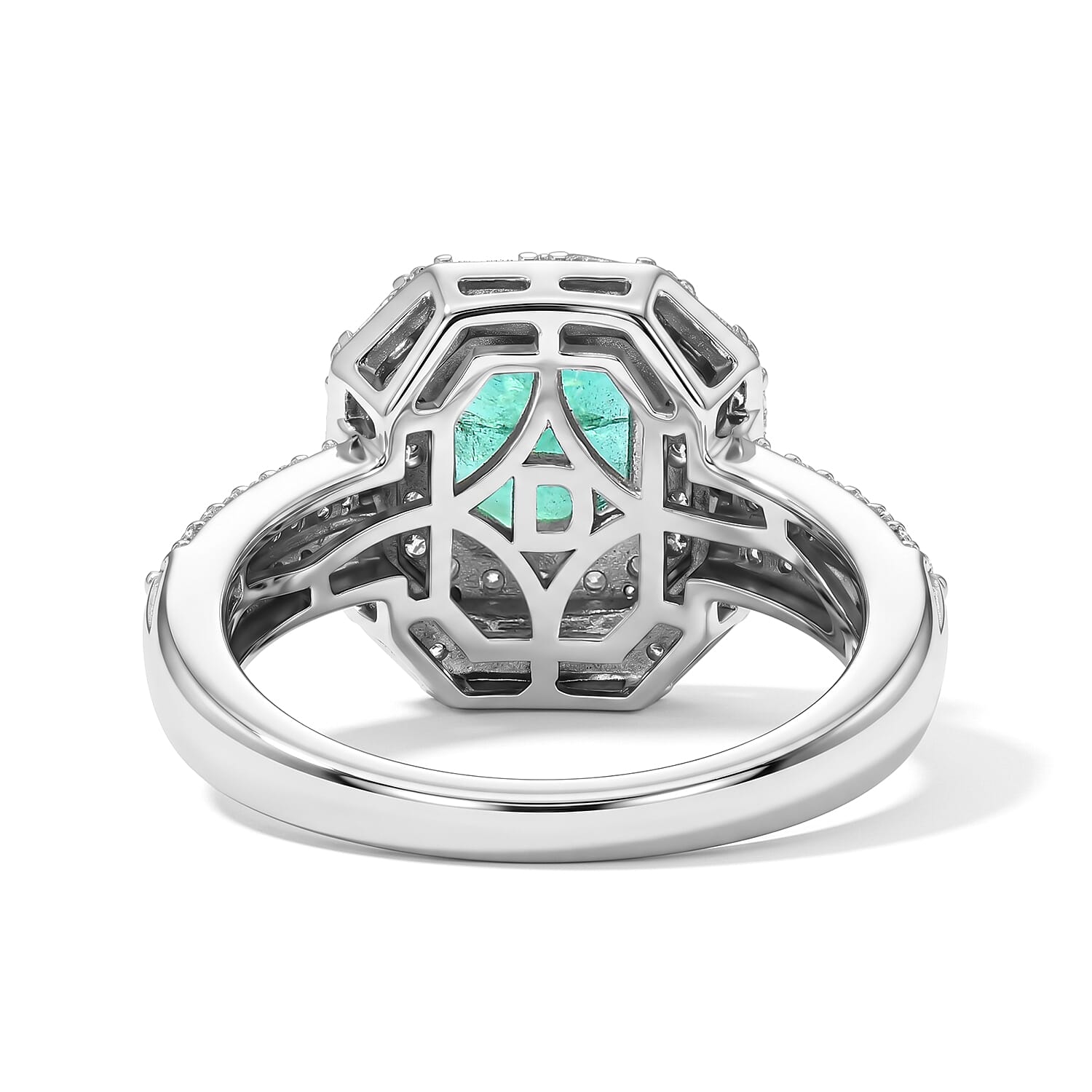 D'Joy Premium Kagem Zambian Emerald and Moissanite 2.25 ctw Architectural Ring in Rhodium Over Sterling Silver (Size 5.0)