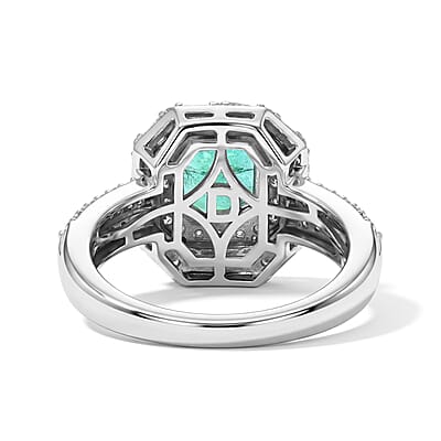 D'Joy Premium Kagem Zambian Emerald and Moissanite 2.25 ctw Architectural Ring in Rhodium Over Sterling Silver (Size 5.0)
