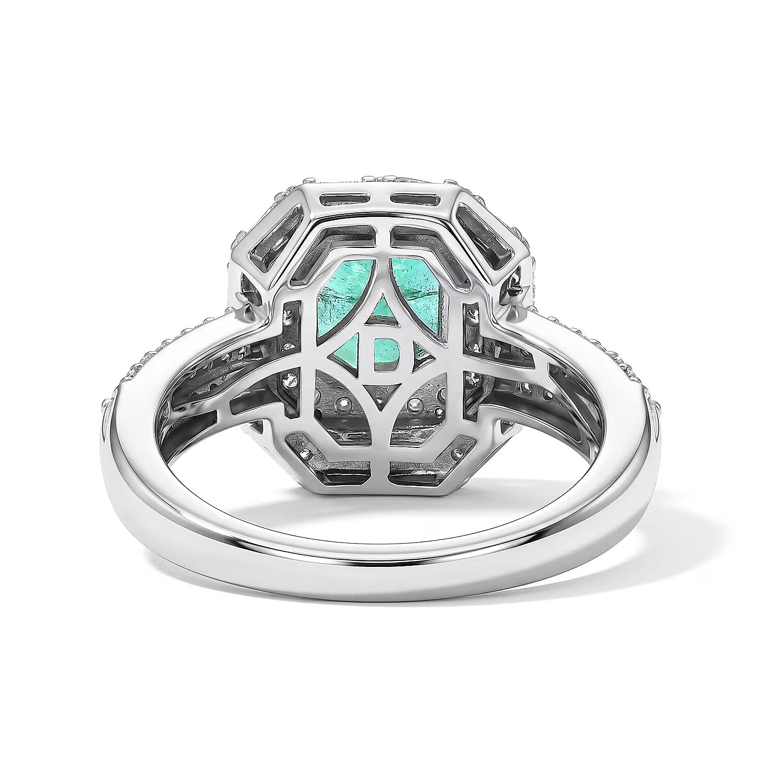 D'Joy Premium Kagem Zambian Emerald and Moissanite 2.25 ctw Architectural Ring in Rhodium Over Sterling Silver (Size 5.0)