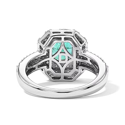 D'Joy Premium Kagem Zambian Emerald and Moissanite 2.25 ctw Architectural Ring in Rhodium Over Sterling Silver (Size 5.0)