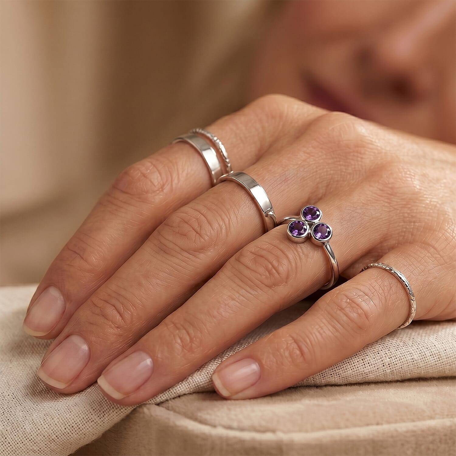 Amethyst 0.05 ctw 3 Stone Ring in Sterling Silver (Size 8.0)