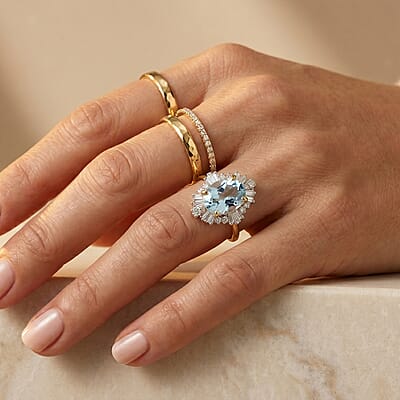 Premium Esprito Aquamarine and Luxuriant Lab Grown Diamond G-H SI 1.65 ctw Ring in 18K Vermeil Rose Gold Over Sterling Silver (Size 8.5)