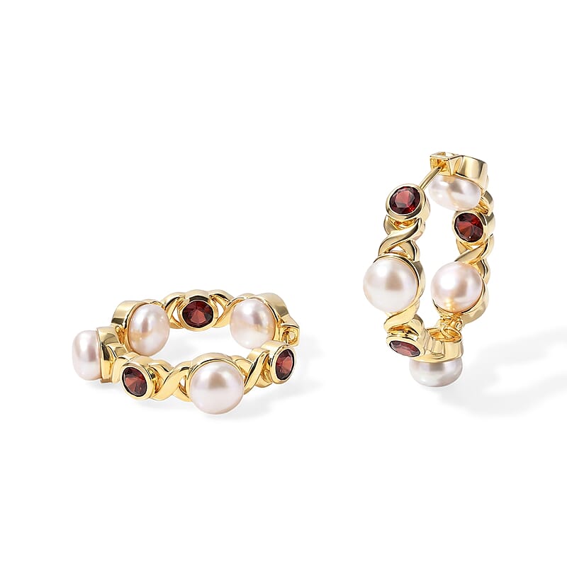 EverTrue Freshwater Pearl and Mozambique Garnet 3.50 ctw Hoop Earrings in 18K YG Plated