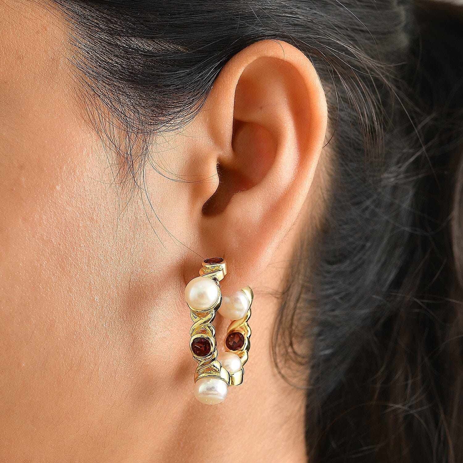 EverTrue Freshwater Pearl and Mozambique Garnet 3.50 ctw Hoop Earrings in 18K YG Plated