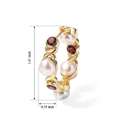 EverTrue Freshwater Pearl and Mozambique Garnet 3.50 ctw Hoop Earrings in 18K YG Plated