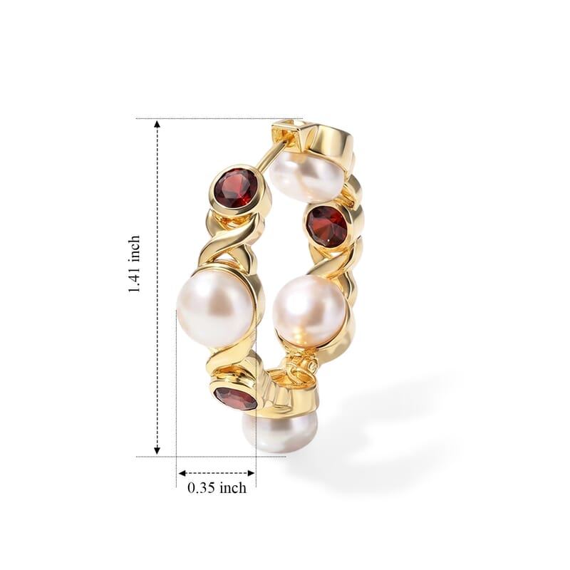 EverTrue Freshwater Pearl and Mozambique Garnet 3.50 ctw Infinity Jubilee Inside-out Hoop Earrings in 18K YG Plated