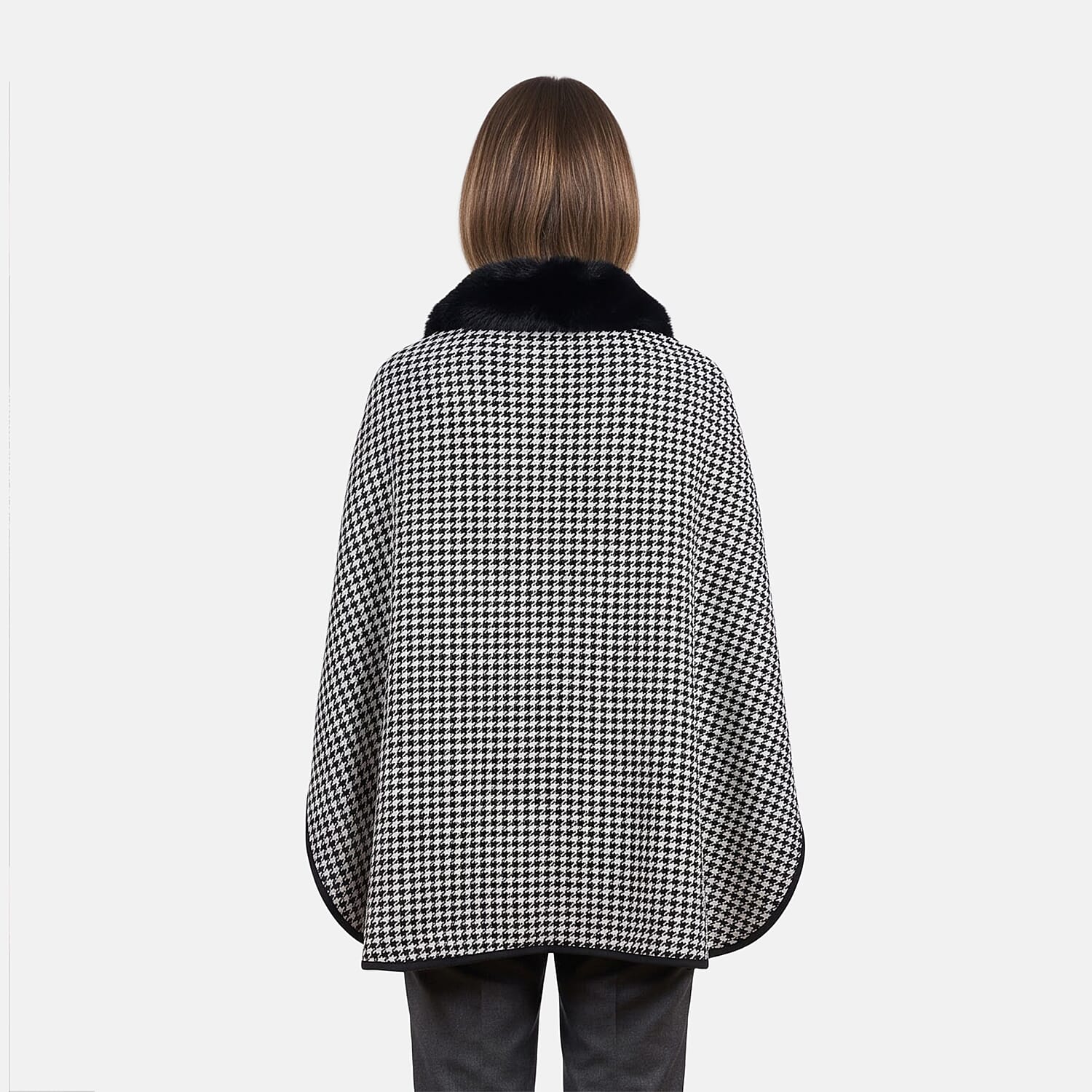 La Marey Black and White Long Fur Poncho Shawl with Buckle Fastening